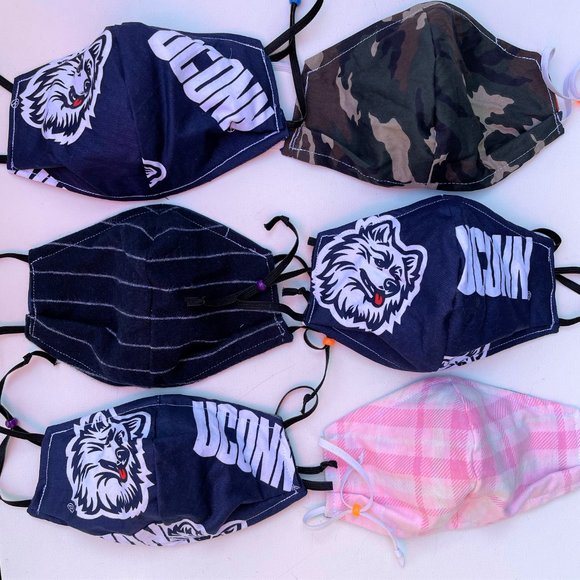 Hand Crafted Accessories - Three UConn Huskies Face Masks NEW Reversible Plaid Four Looks